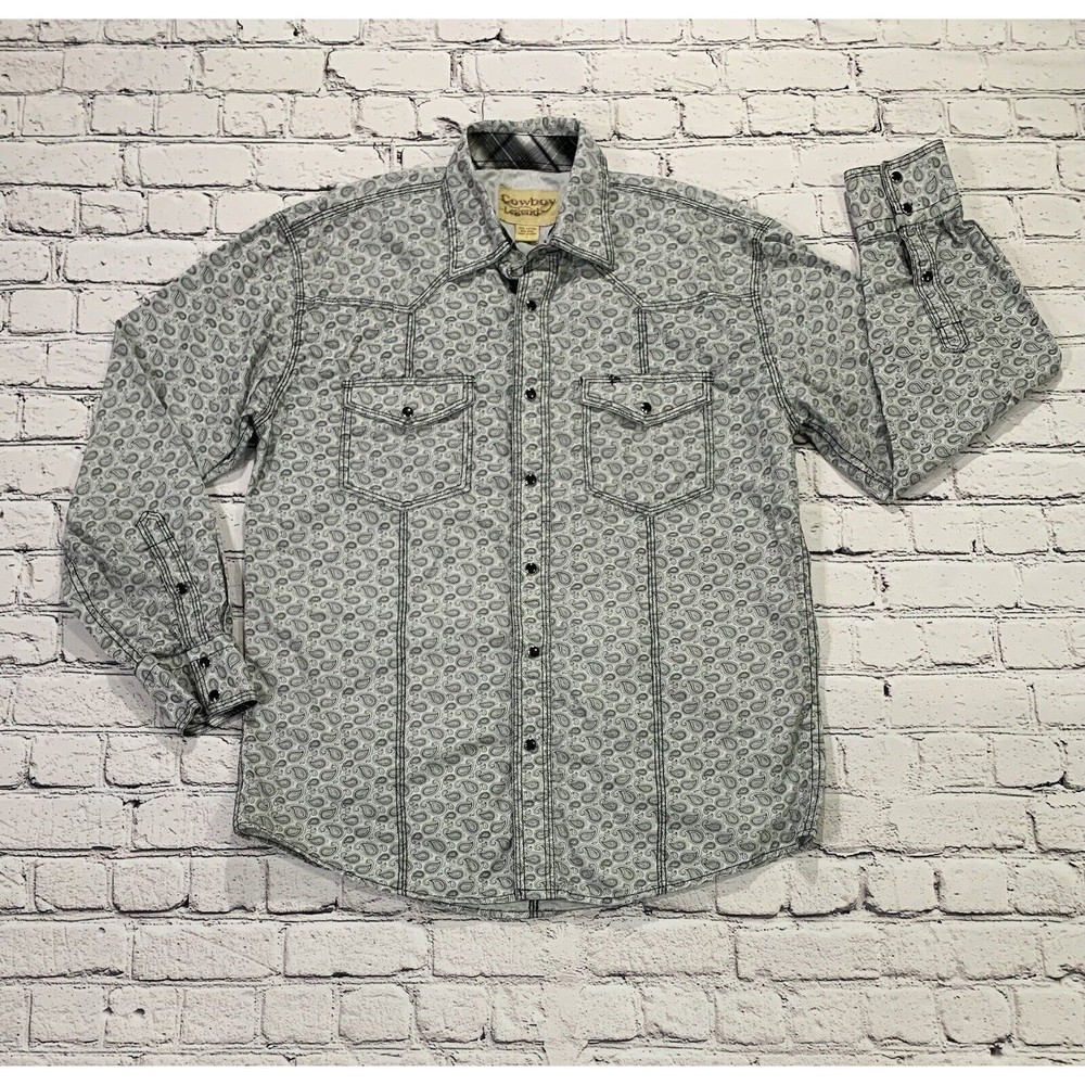 Cowboy Legend Men’s Large Light Gray Paisley Pearl Snap Western Rodeo Flip Cuff